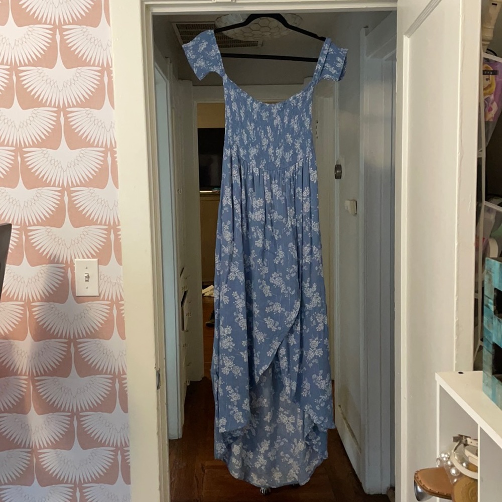 Blue Floral Off Shoulder Dress (Size L)
